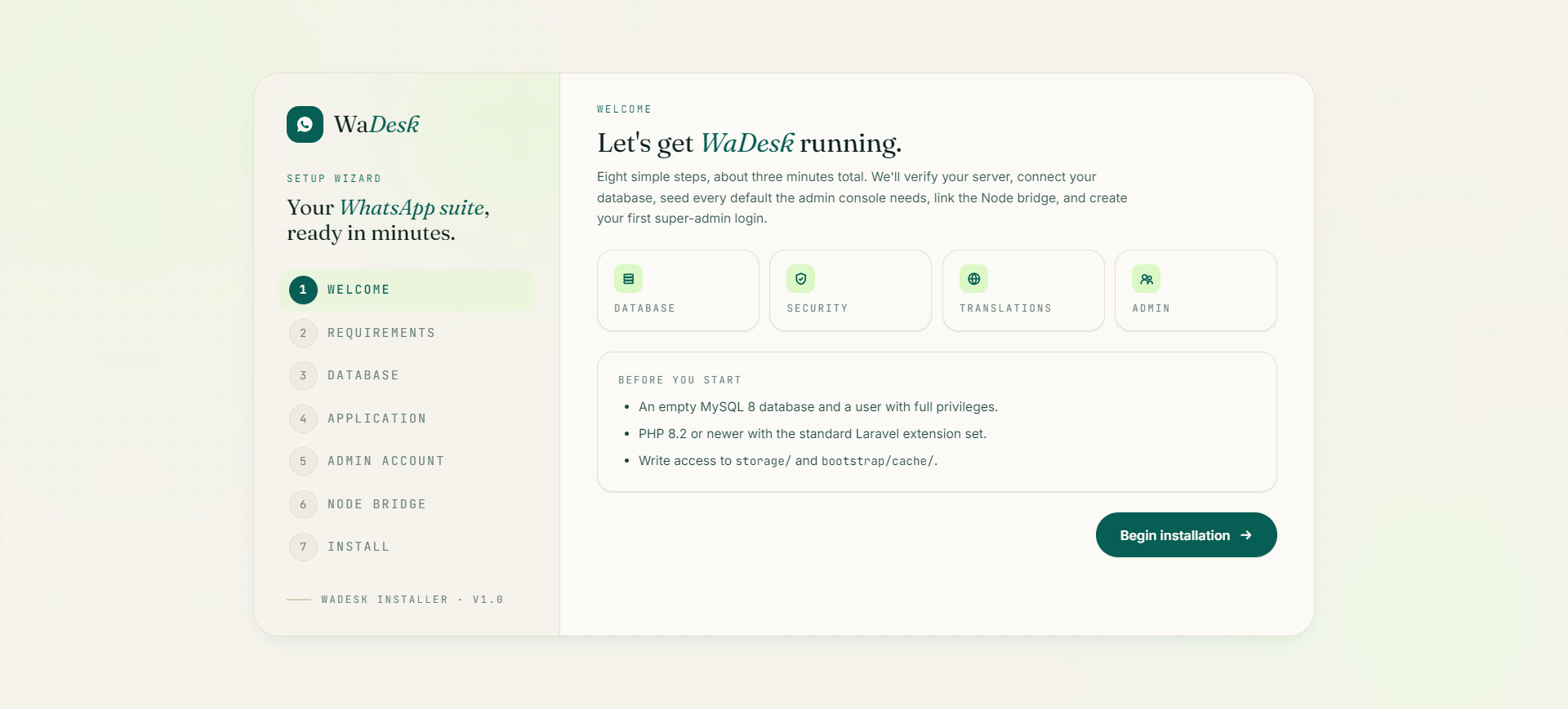 WaDesk web installer — Welcome step