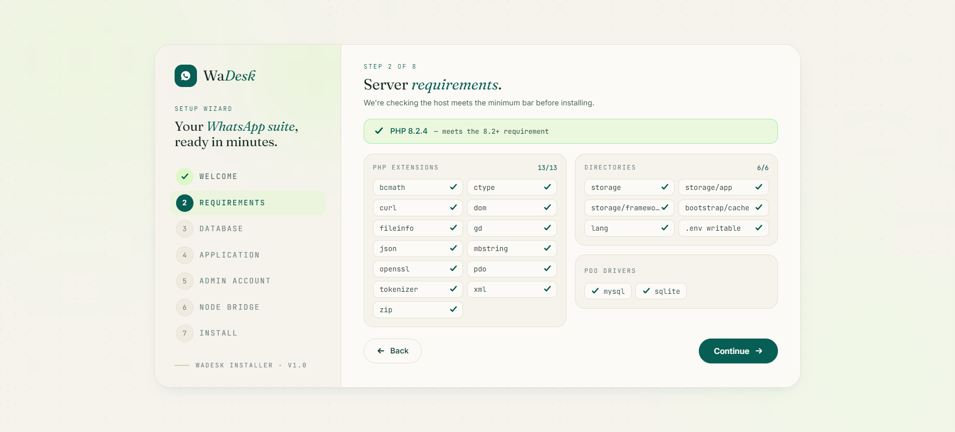 WaDesk web installer — Requirements check
