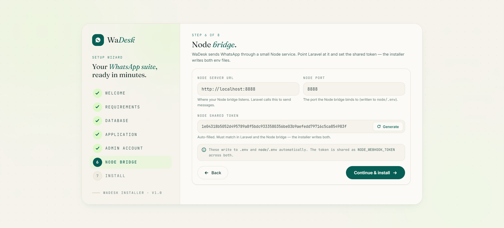 WaDesk web installer — Node bridge setup